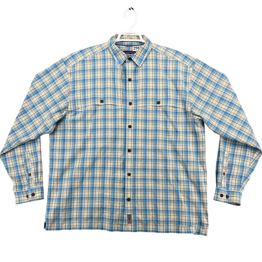 Patagonia Button Up Shirt Mens XL Blue Plaid Organic Cotton Blend Long Sleeve
